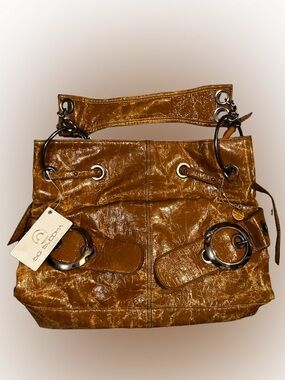 Genuine Cognac Brown Leather Handbag Tote with Ring Hardware by Big Buddha NWT